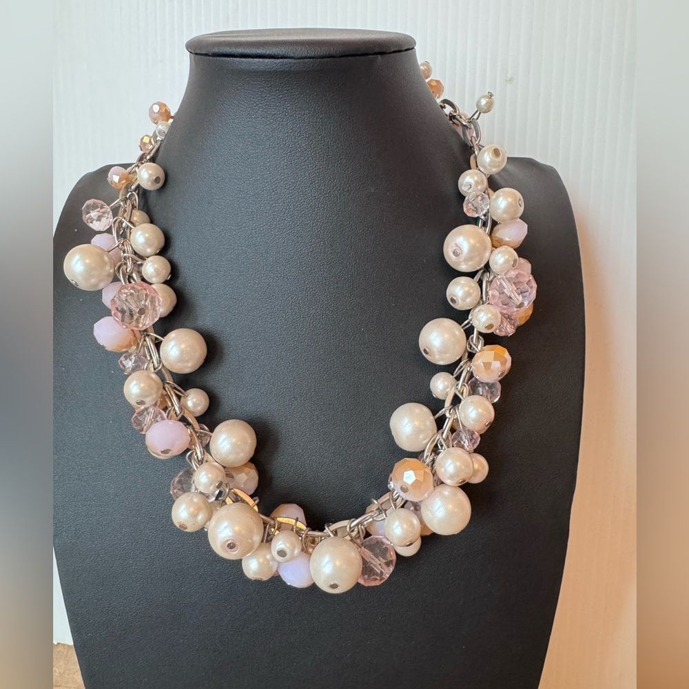 Chunky Cluster Statement Necklace Faux Glass Pear & Beads Silver Tone Costume